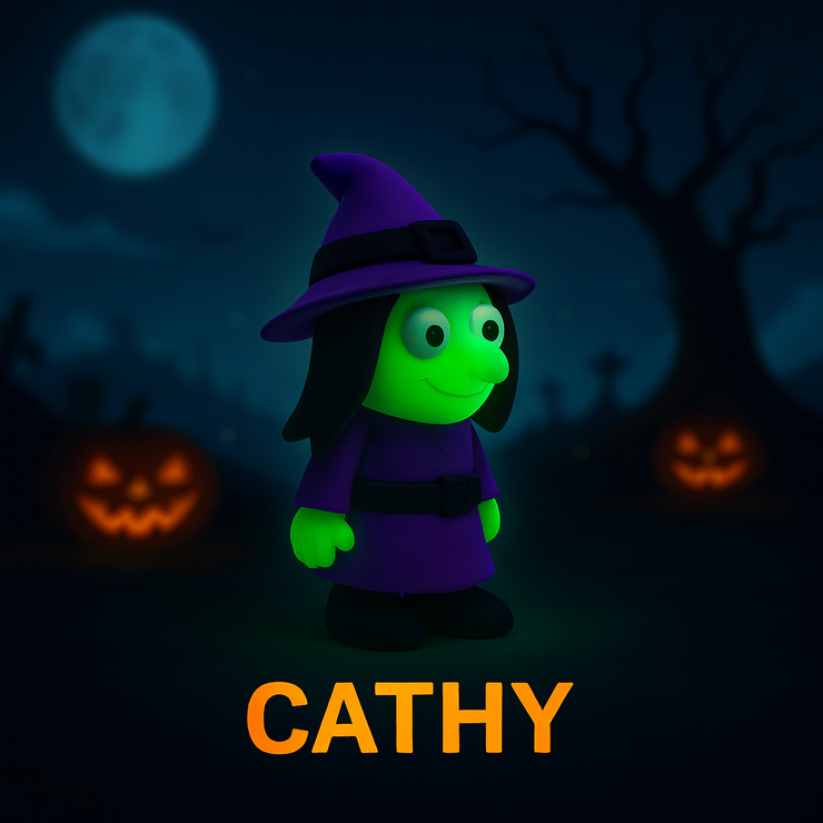 Halloween-themed figurine with a purple hat and green face against a dark background with pumpkins and a moon.