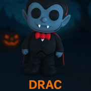 Vampire-themed figurine with 'DRAC' text against a dark background with pumpkins.