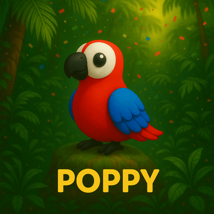 Vibrant 3D-printed parrot Poppy 🦜✨ with bold red and blue feathers in a lush jungle setting. Perfect for animal lovers! 🌿