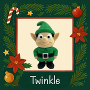 Elf plush toy named 'Twinkle' surrounded by Christmas decorations on a green background