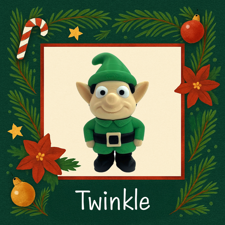 Elf plush toy named 'Twinkle' surrounded by Christmas decorations on a green background